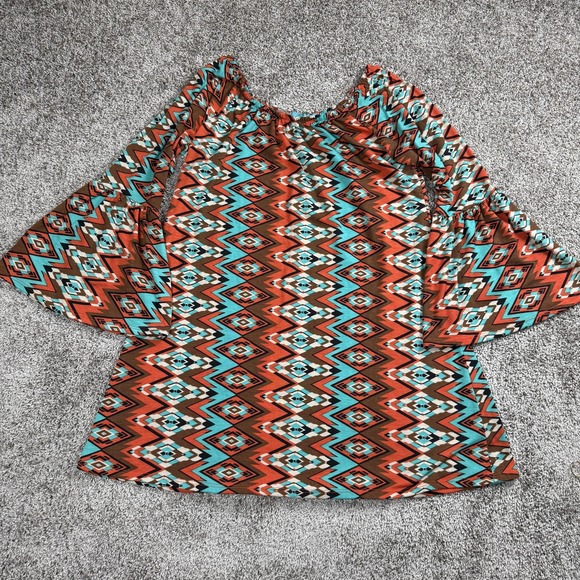 Womens Boho Top Large Aztec Southwestern Western Bell Sleeve Festival Wear - Picture 1 of 8